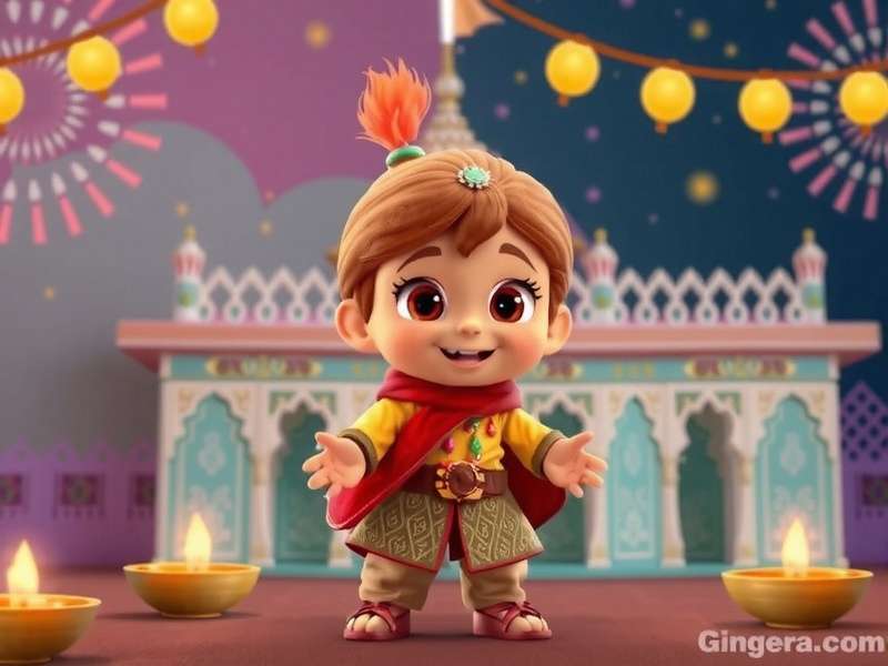 Ginger Dash Explorer Diwali special event with character in traditional clothes and fireworks